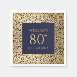80th Birthday Navy Blue Gold Roses Elegant Vintage Napkins