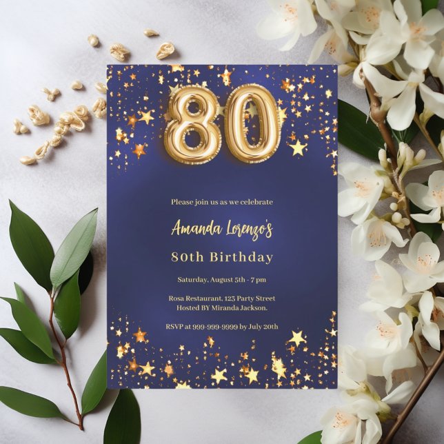 80th birthday navy blue gold stars invitation (Creator Uploaded)