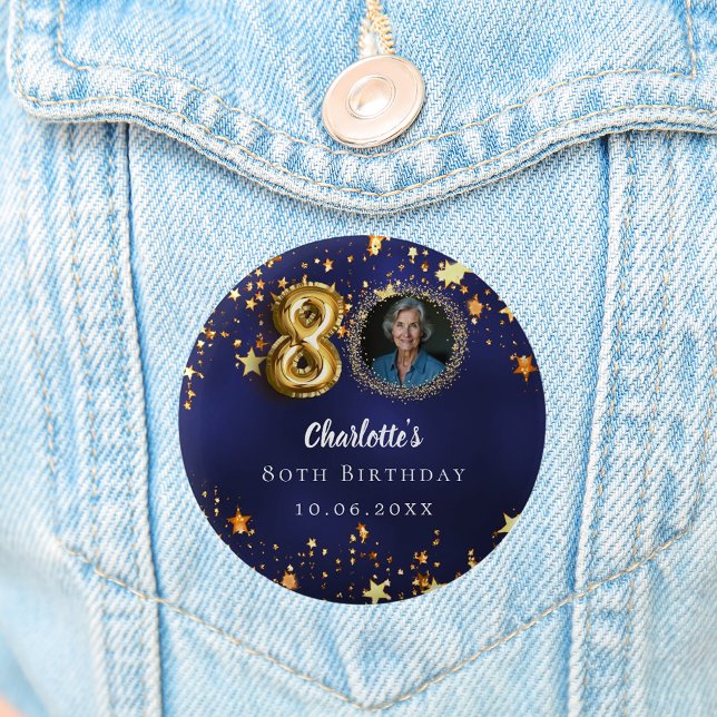 80th birthday navy blue gold stars photo button (Creator Uploaded)
