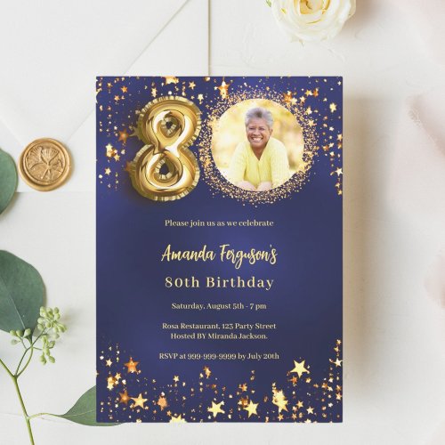 80th birthday navy blue gold stars photo invitation