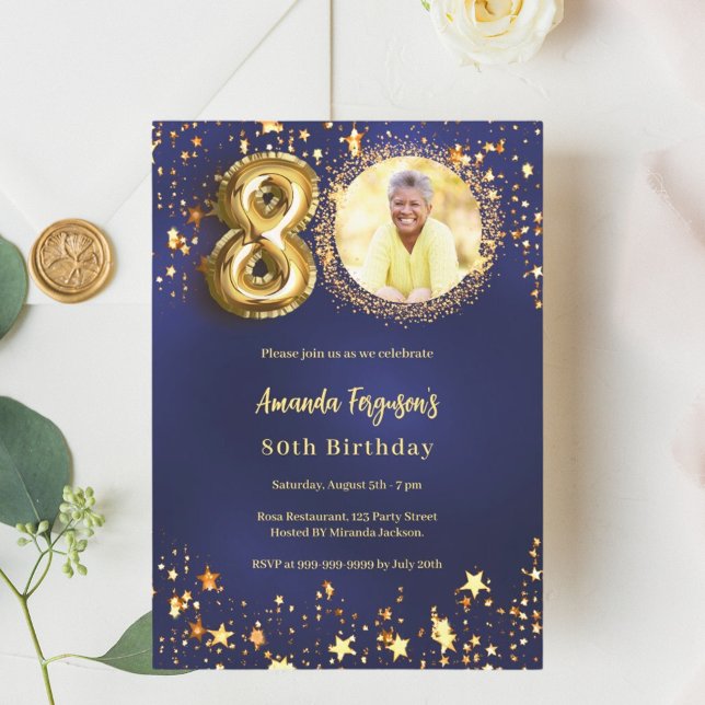 80th birthday navy blue gold stars photo luxury invitation (Creator Uploaded)