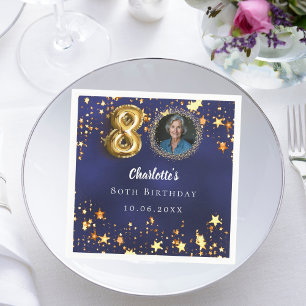 80th birthday navy blue gold stars photo napkins
