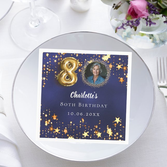 80th birthday navy blue gold stars photo napkins (Creator Uploaded)