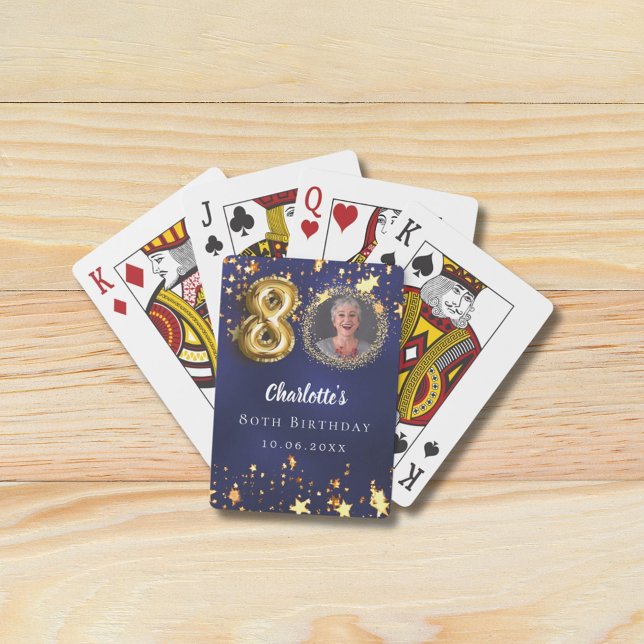 80th birthday navy blue gold stars photo poker cards (Creator Uploaded)