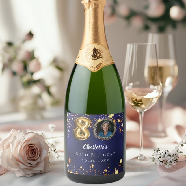80th birthday navy blue gold stars photo sparkling wine label (Creator Uploaded)