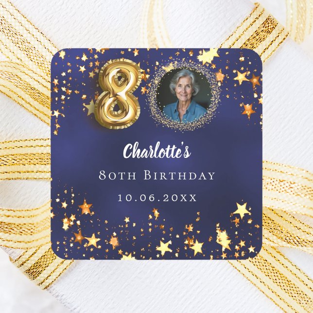 80th birthday navy blue gold stars photo square sticker (Creator Uploaded)