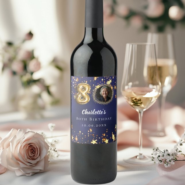80th birthday navy blue gold stars photo wine label (Creator Uploaded)