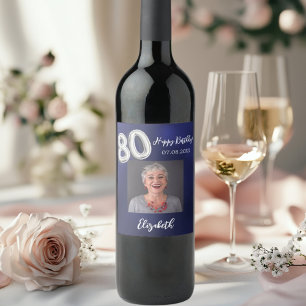 80th Birthday navy blue photo Wine Label