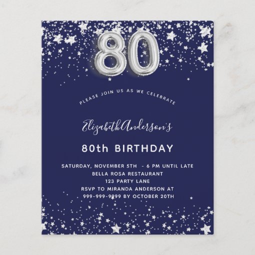 80th birthday navy blue silver budget invitation flyer | Zazzle