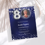 80th birthday navy blue silver photo invitation<br><div class="desc">A modern,  stylish photo invitation for a 80th birthday party.  A navy blue background,  decorated with stars. The blue color is uneven. Personalize and add your photo and party details.  

1 sheet = 1 invitation printed edge to edge.</div>