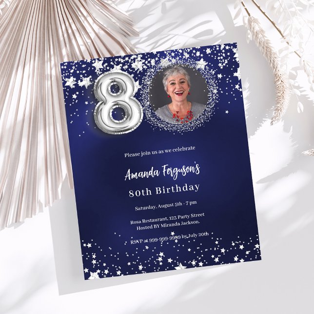 80th birthday navy blue silver photo invitation (Creator Uploaded)