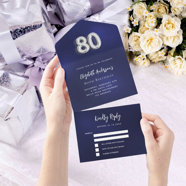 80th Birthday navy blue silver rsvp All In One Invitation (Creator Uploaded)