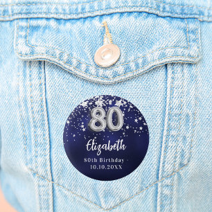 80th birthday navy blue silver stars button