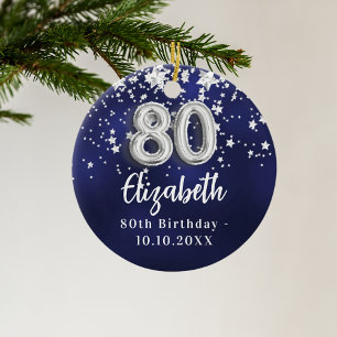 80th birthday navy blue silver stars ceramic ornament