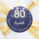 80th birthday navy blue silver stars classic round sticker<br><div class="desc">A sticker for a 80th birthday celebration. A navy blue background color with faux silver stars. The blue color is uneven.  Add your name,  text. Text: Thank you for celebrating with me!</div>