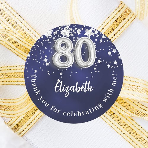 80th birthday navy blue silver stars classic round sticker