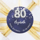 80th birthday navy blue silver stars classic round sticker<br><div class="desc">A sticker for a 80th birthday party. A navy blue background color with faux silver stars. The blue color is uneven.  Add your name,  text.</div>
