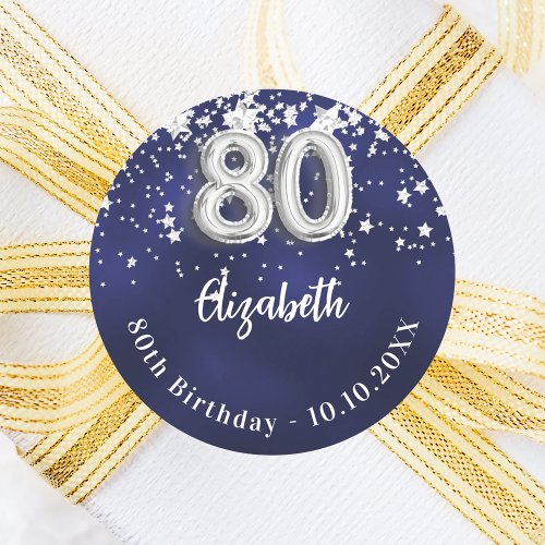 80th birthday navy blue silver stars classic round sticker