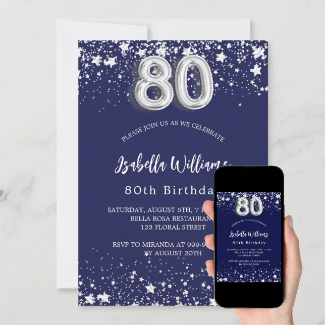 80th birthday navy blue silver stars invitation | Zazzle