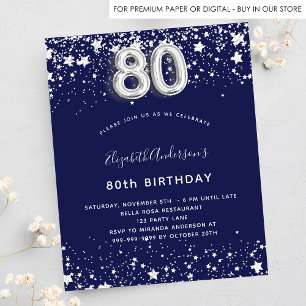 80th birthday navy blue silver stars invitation