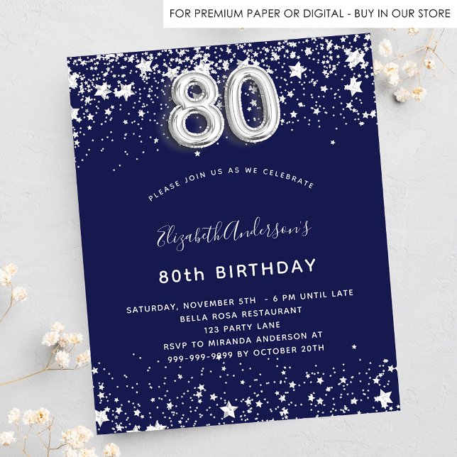 80th birthday navy blue silver stars invitation (Creator Uploaded)