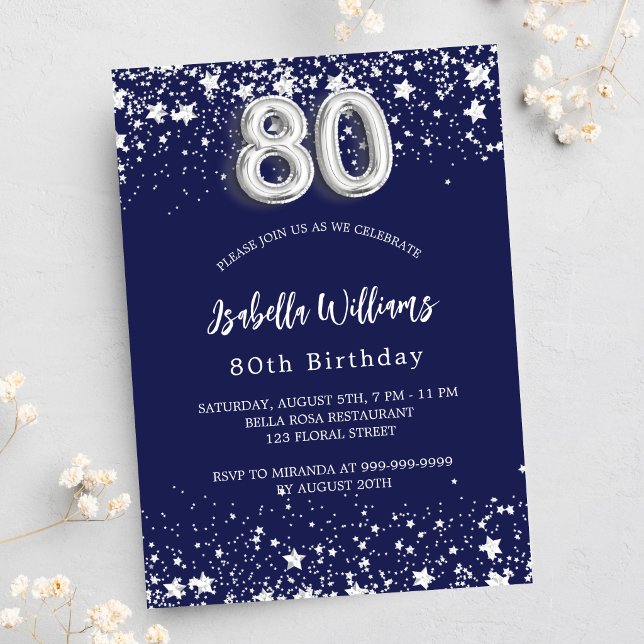 80th birthday navy blue silver stars invitation postcard