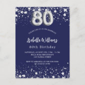 80th birthday navy blue silver stars invitation postcard (Front)