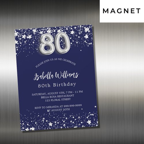 80th birthday navy blue silver stars luxury magnetic invitation