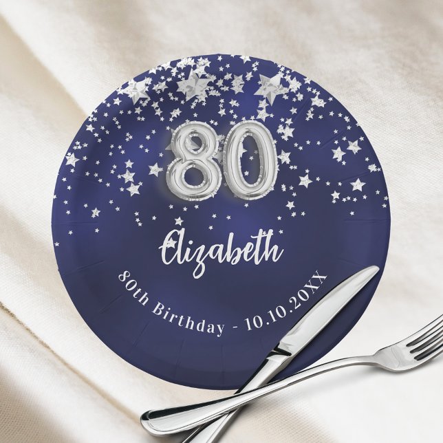 80th Birthday navy blue silver stars Paper Plates (Creator Uploaded)