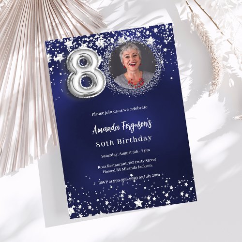 80th birthday navy blue silver stars photo luxury invitation