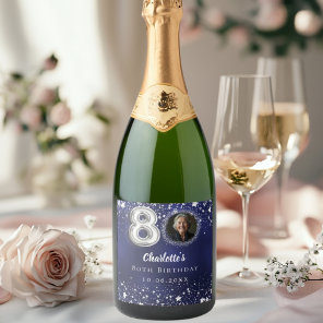 80th birthday navy blue silver stars photo sparkling wine label