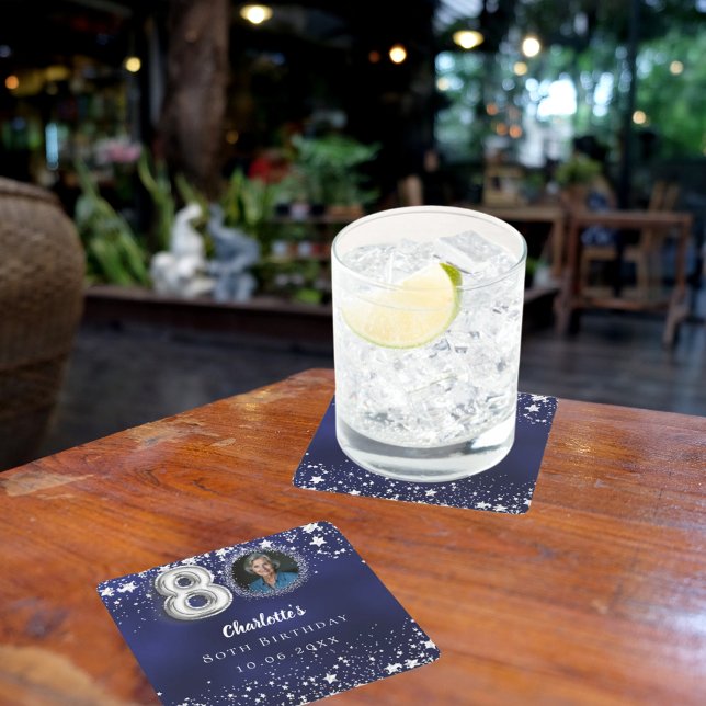 80th birthday navy blue silver stars photo square paper coaster (Creator Uploaded)