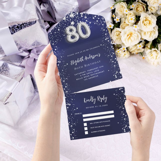 80th Birthday navy blue silver stars rsvp All In One Invitation (Creator Uploaded)