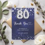 80th birthday navy blue silver stars thank you card<br><div class="desc">Elegant 80th birthday thank you card featuring silver “80” balloons and sparkling stars on a deep blue background. This personalized thank you card is a beautiful way to thank guests for celebrating a special 80th birthday milestone. The back of the card contains the thank-you message, creating a stylish and meaningful...</div>