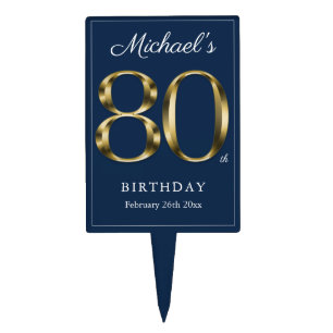 80th Birthday Navy Blue Solid Gold Text Elegant  Cake Topper