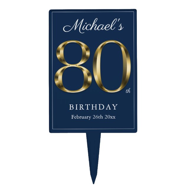 80th Birthday Navy Blue Solid Gold Text Elegant  Cake Topper (Front)