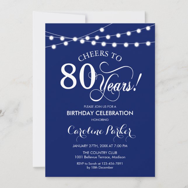 80th Birthday - Navy Blue White Invitation (Front)
