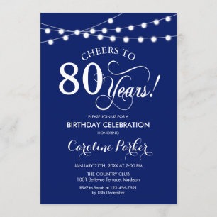 80th Birthday - Navy Blue White Invitation