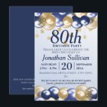 80th Birthday Navy Gold Balloons Party Invitation<br><div class="desc">A stylish 80th birthday Party Invitation . Design features navy blue and gold balloons, Gold glittery starts and navy blue text all on a pale blue gradient background. A lovely design inviting your guests to join you for a 80th birthday party celebration. Easy to customize with your own party details....</div>