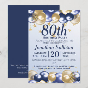 80th Birthday Navy Gold Balloons Party Invitation