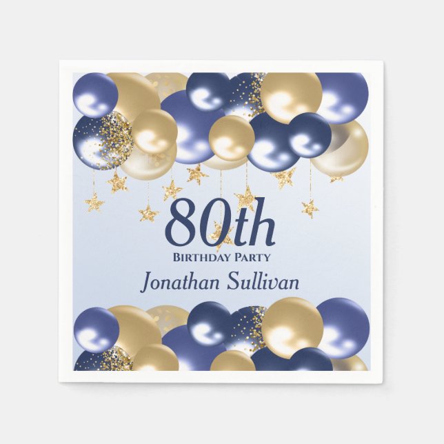 80th Birthday Navy Gold Balloons Party Napkins (Front)