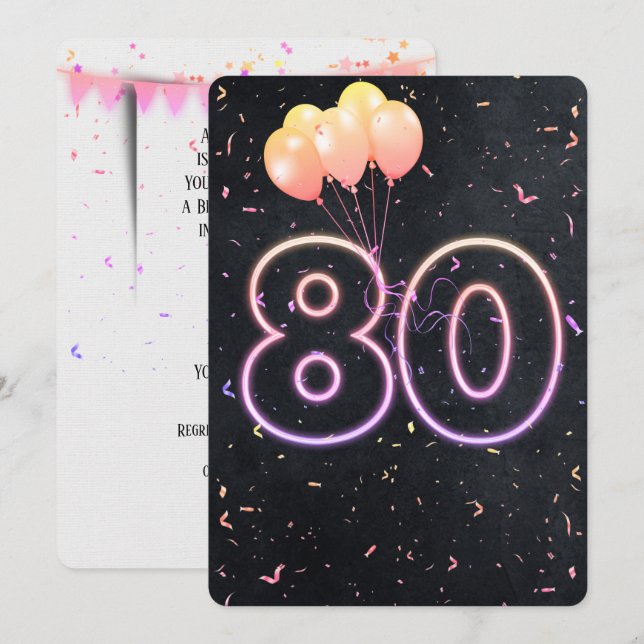80th Birthday Neon Sign On Black Invitation (Front/Back)