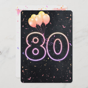 80th Birthday Neon Sign On Black Invitation