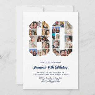 80th Birthday Number 80 Custom Photo Collage Invitation
