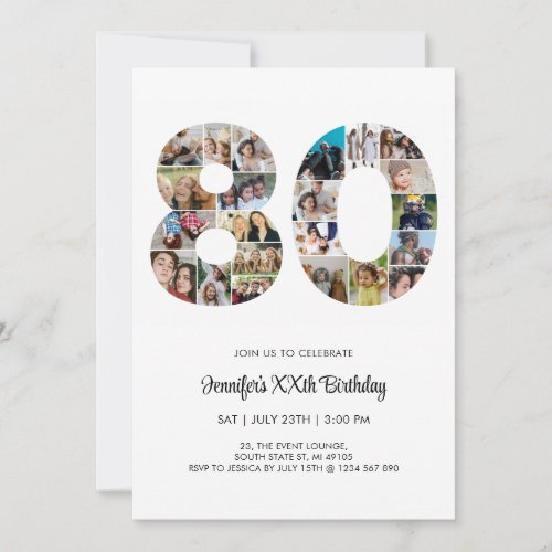 80th Birthday Number 80 Custom Photo Collage Invitation