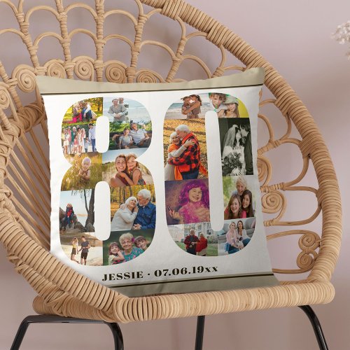 80th Birthday Number 80 Photo Collage Beige Throw Pillow