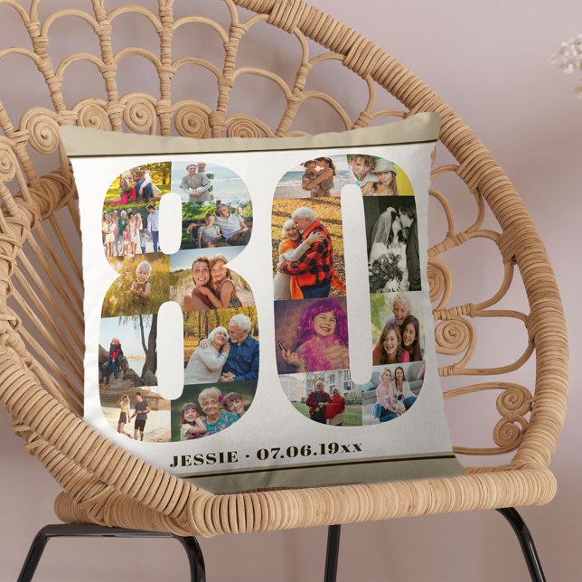 80th Birthday Number 80 Photo Collage Beige Throw Pillow (Creator Uploaded)