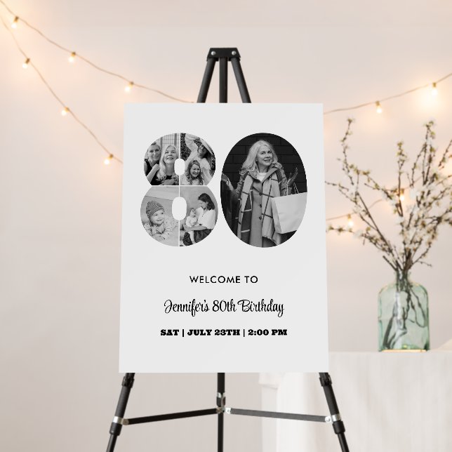 80th Birthday Number 80 Photo Collage Black White Foam Board (In Situ (Stand))