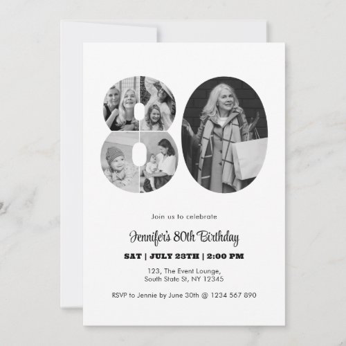80th Birthday Number 80 Photo Collage Black White Invitation
