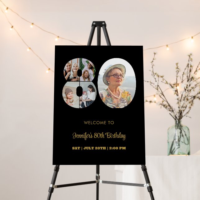 80th Birthday Number 80 Photo Collage Modern Black Foam Board (In Situ (Stand))